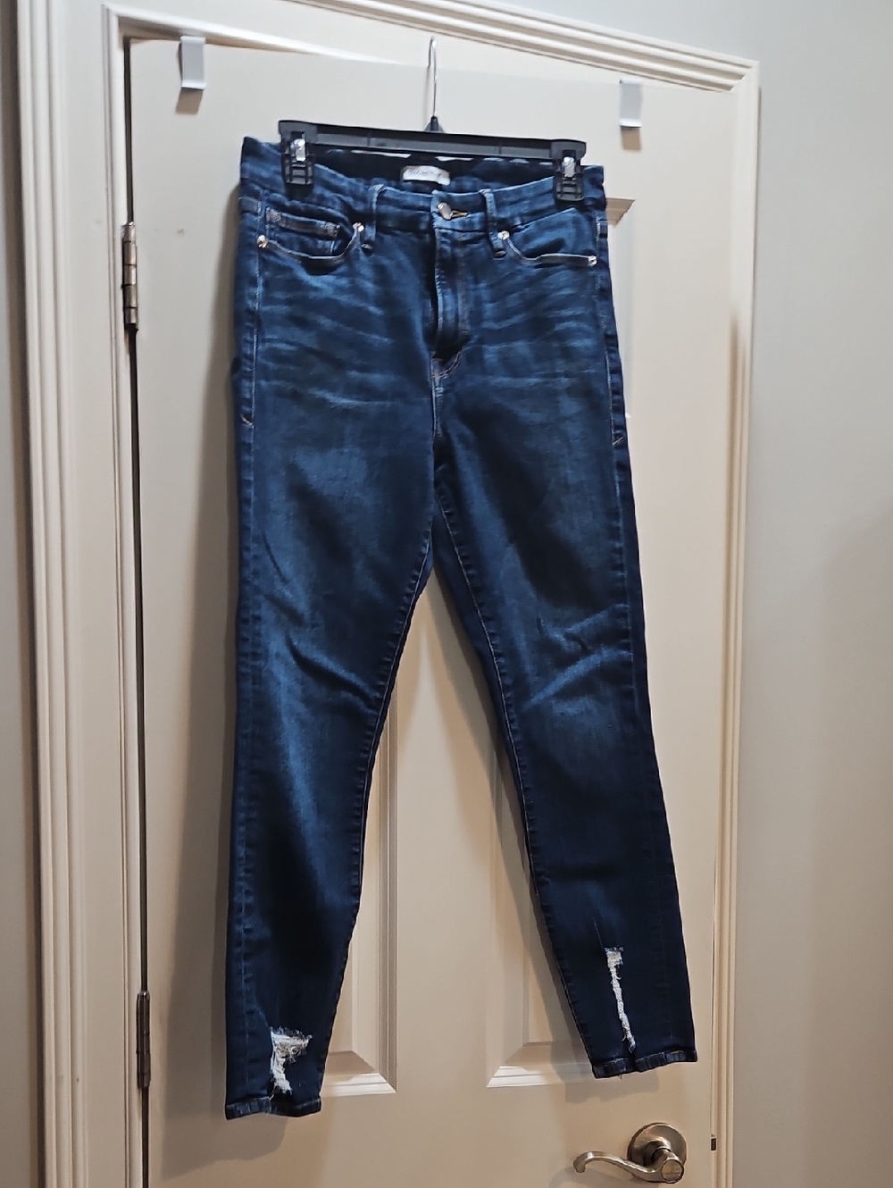 Good American Good Legs Dark Blue Skinny Jeans with Ankle Rips Size 30/10-Petite